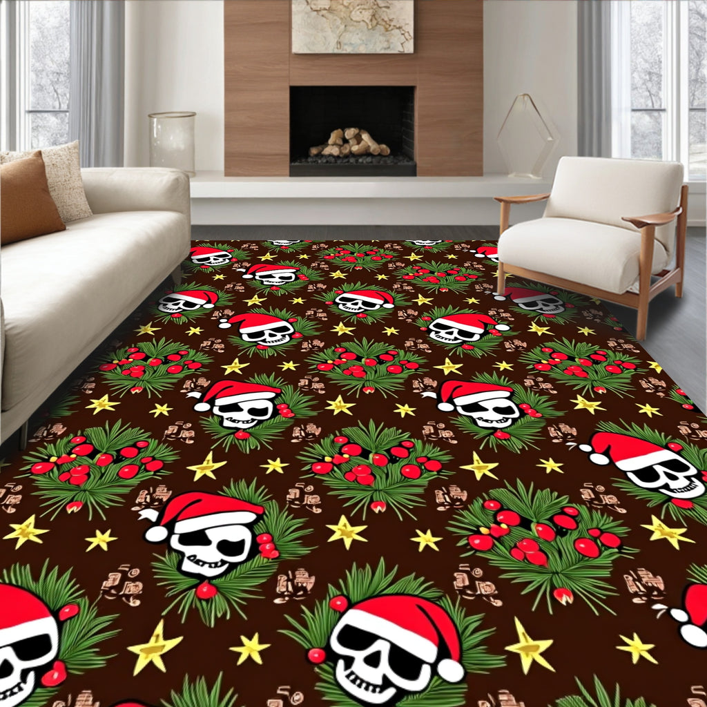 Christmas Skulls Holly Berry Stars Rug