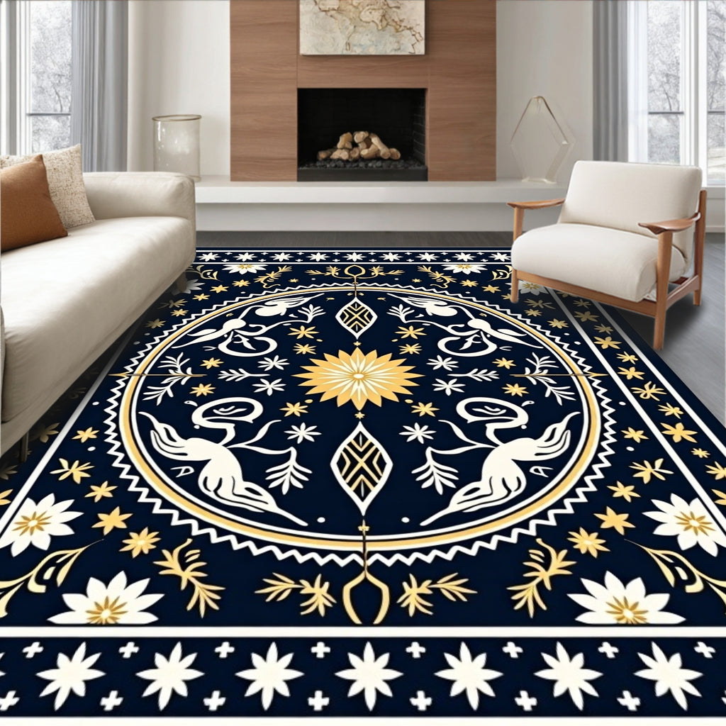Mystical Navy Gold Celestial Creatures Rug