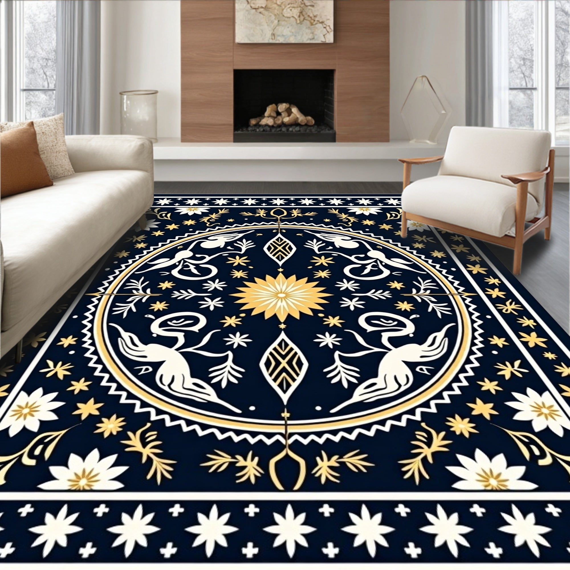 Mystical Navy Gold Celestial Creatures Rug