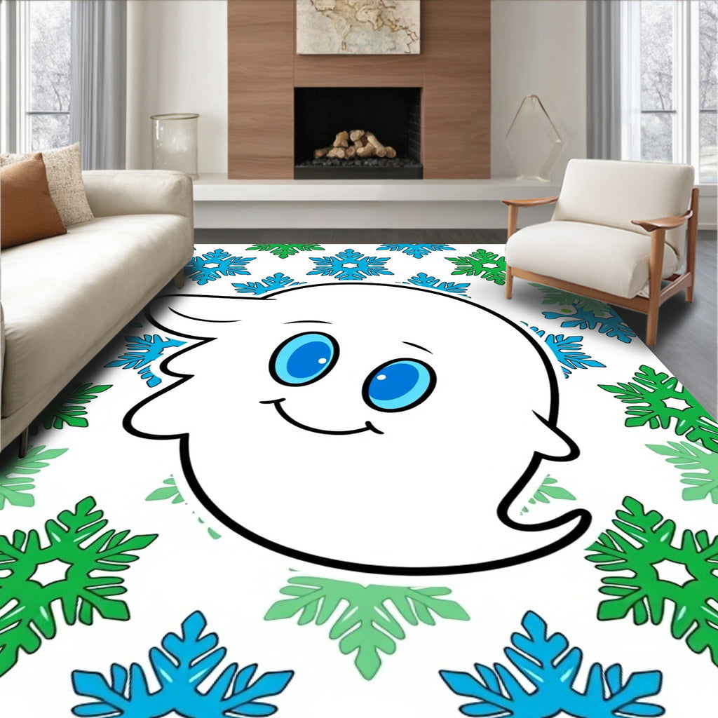 Friendly White Ghost Blue Green Snowflakes Rug