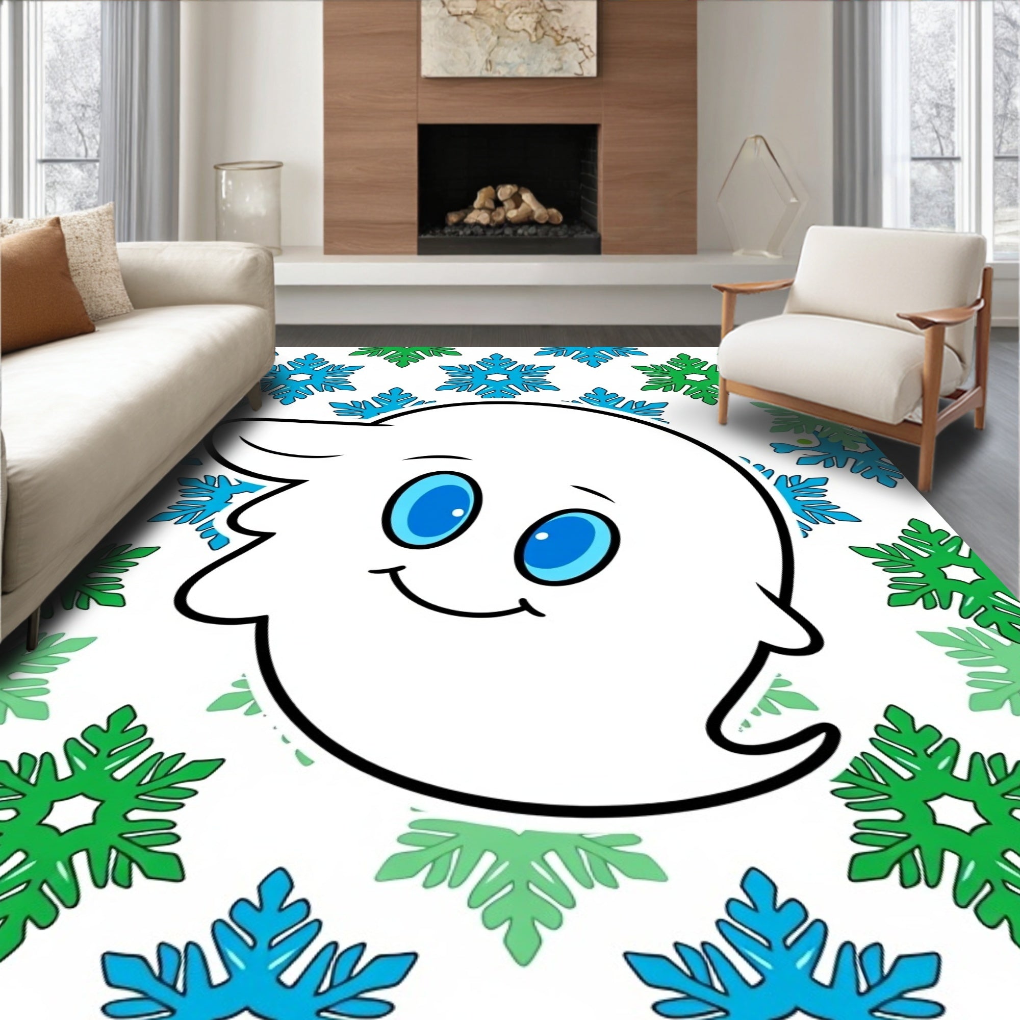 Friendly White Ghost Blue Green Snowflakes Rug