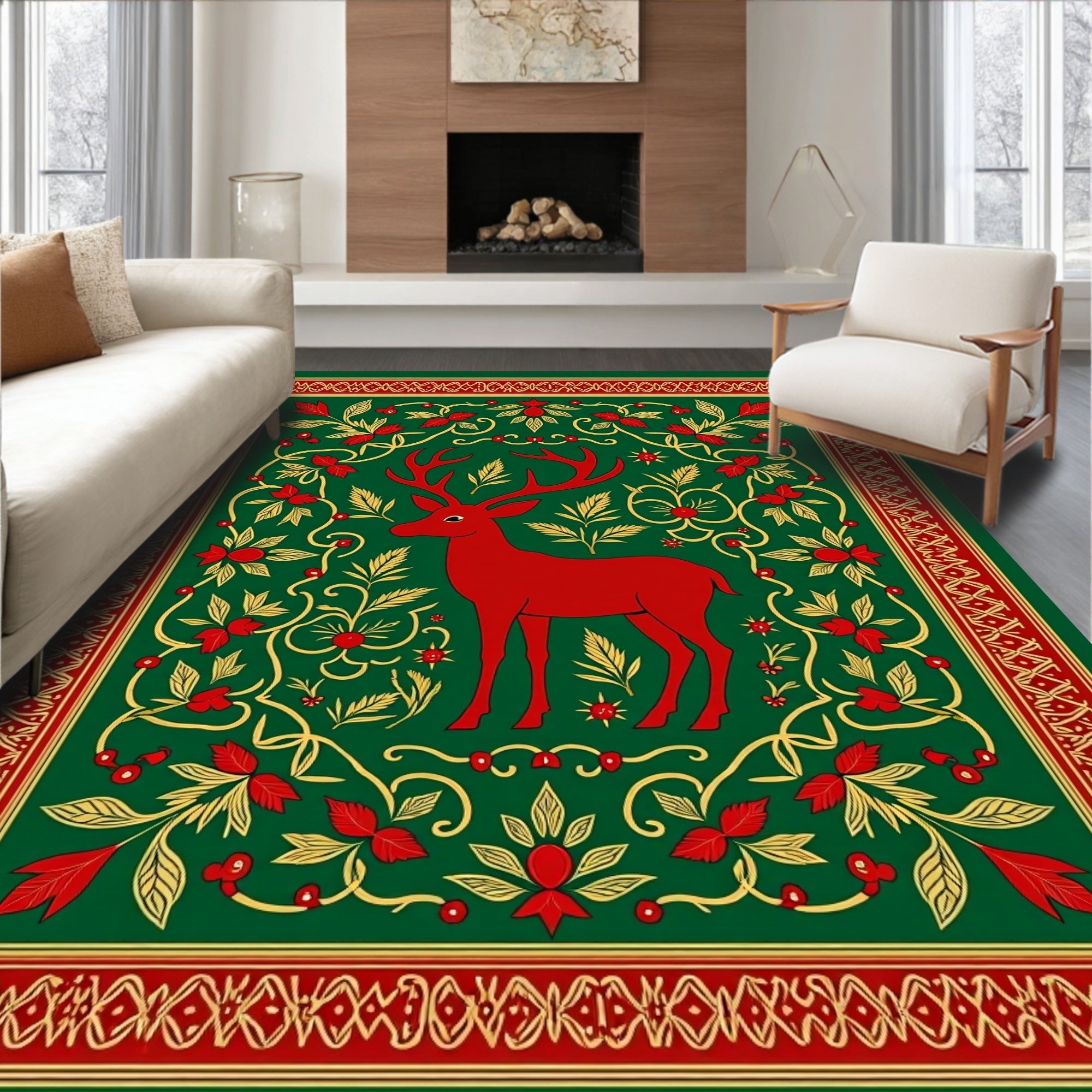 Crimson Deer Forest Leafy Garland Rug