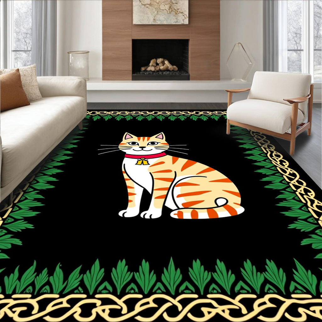 Animated Stripy Cat with Golden Leaf Border Rug