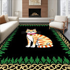 Animated Stripy Cat with Golden Leaf Border Rug