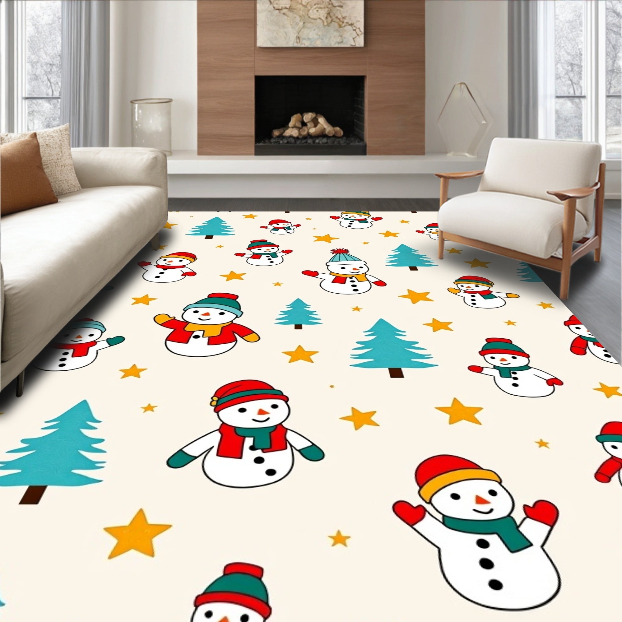 Whimsical Snowman Christmas Stars Rug