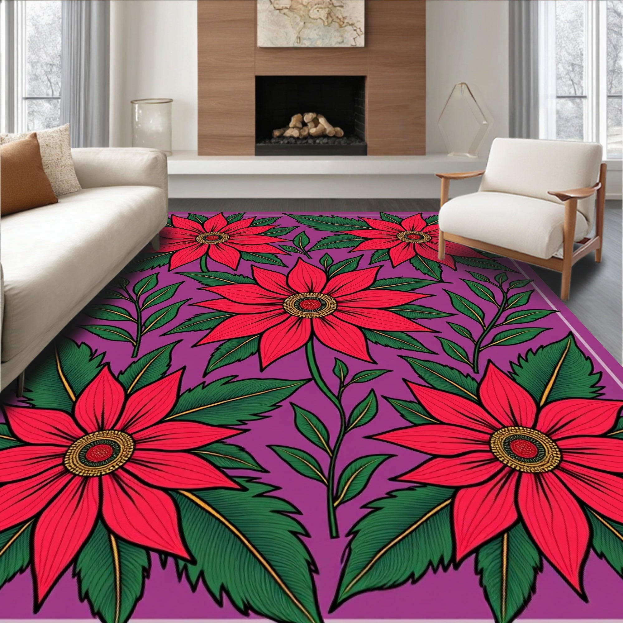 Red Floral Bloom With Green Foliage Rug
