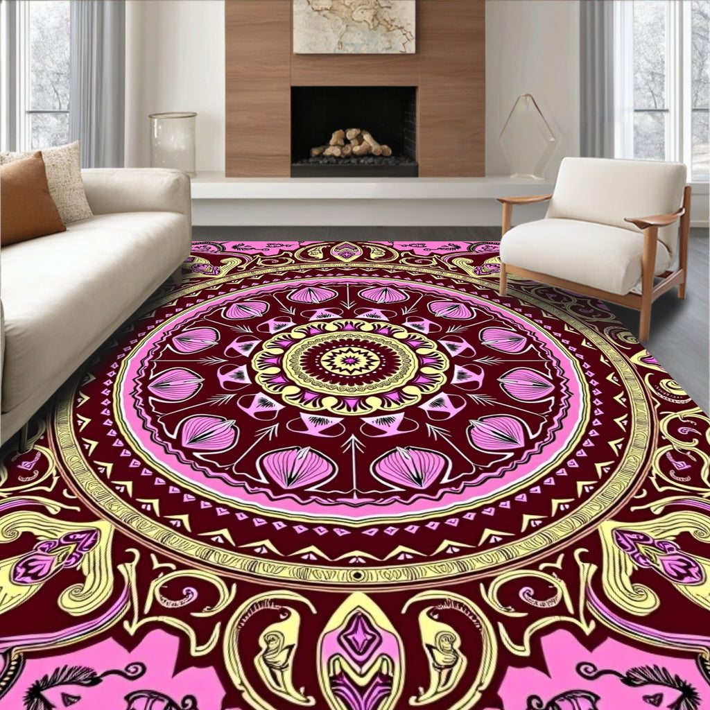 Vibrant Pink Yellow Medallion Mandala Rug