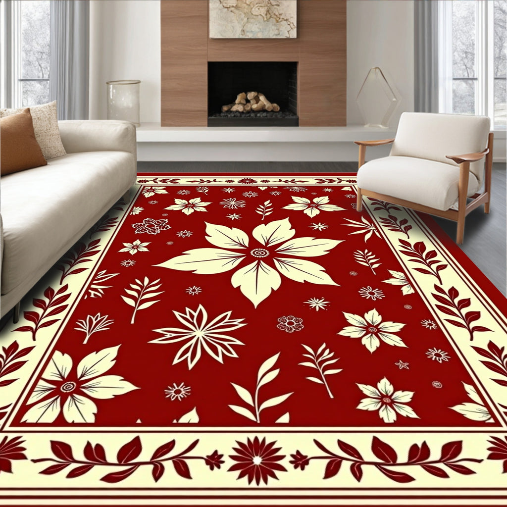 Deep Red Cream Floral Garden Medallion Rug