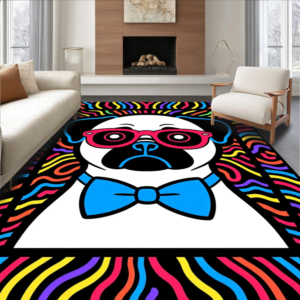 Vibrant Pug with Bowtie and Glasses Rug