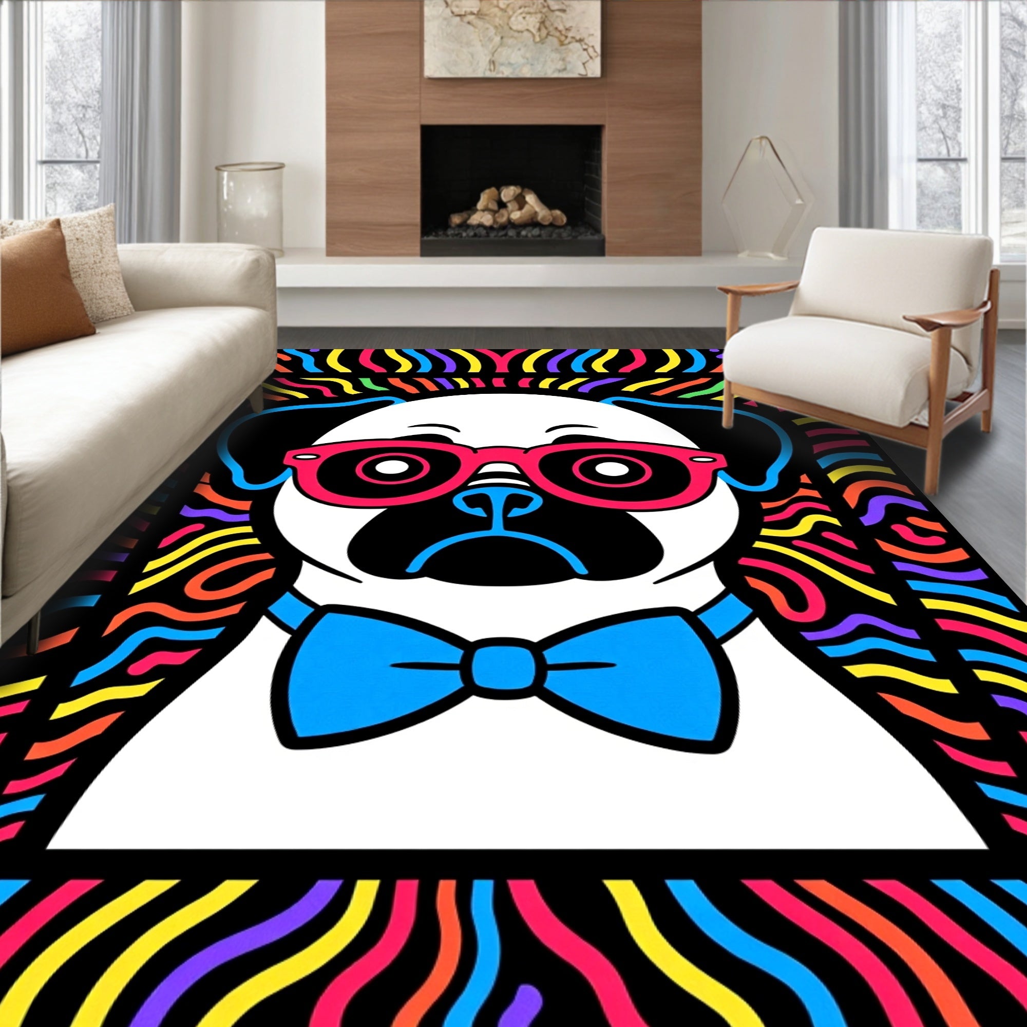 Vibrant Pug with Bowtie and Glasses Rug