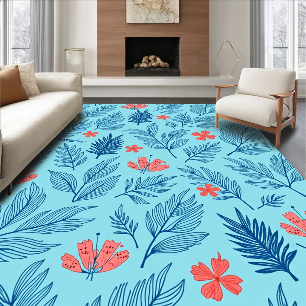 Coral Floral Blue Leaf Medley Rug