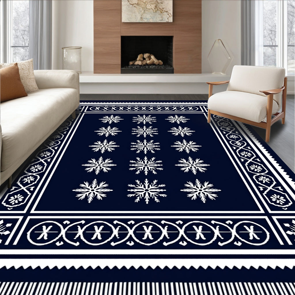 Navy White Snowflake Border Arrangement Rug
