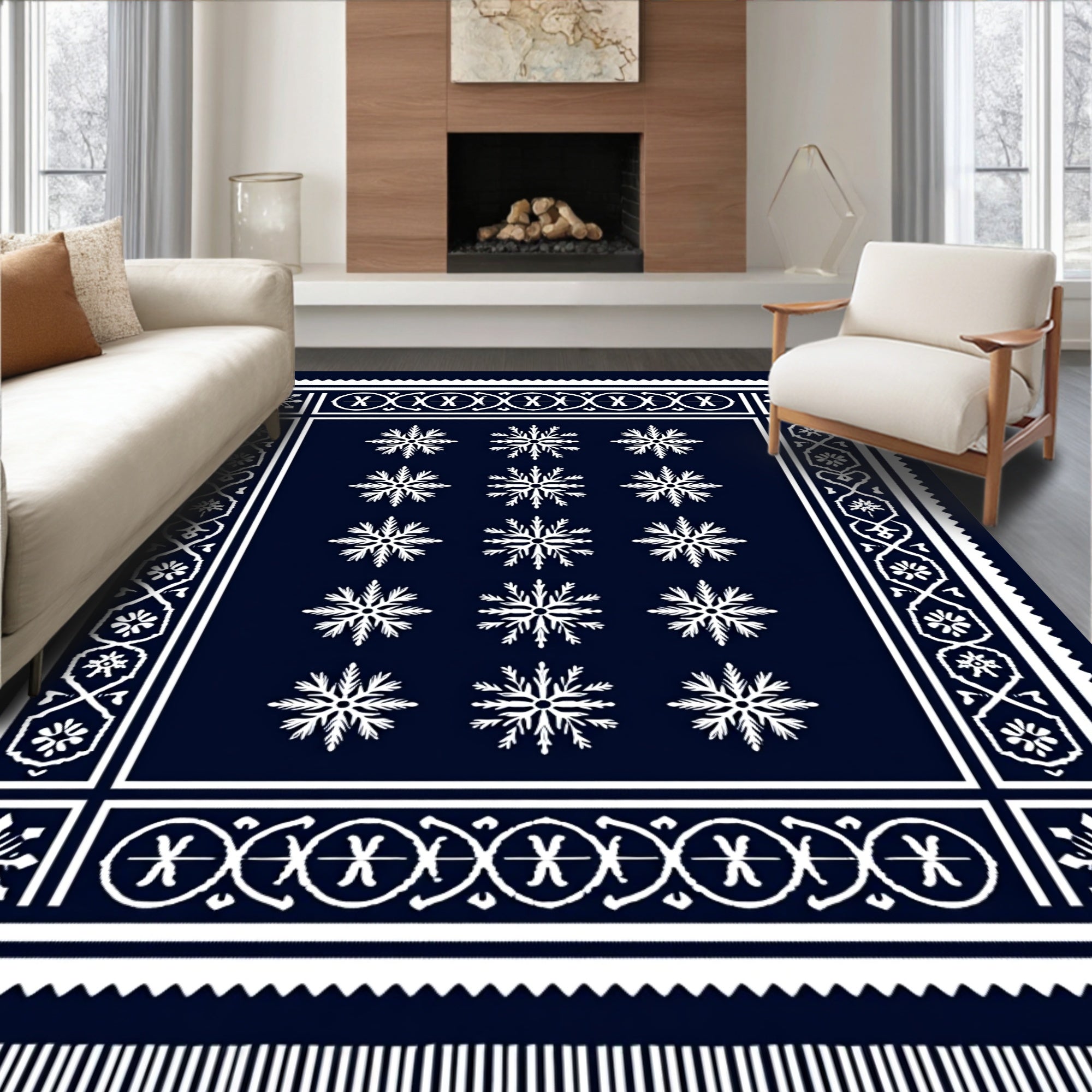 Navy White Snowflake Border Arrangement Rug