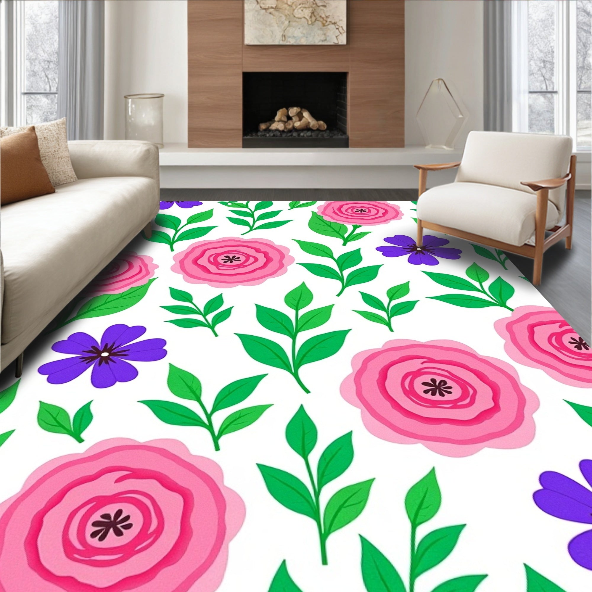 Pink Purple Floral Botanical Illustration Rug