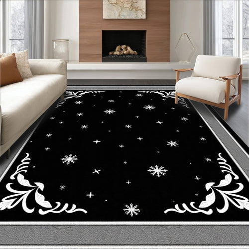 Black Snowflake Swirl Corners Rug