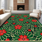 Festive Red Floral Green Leaf Background Rug