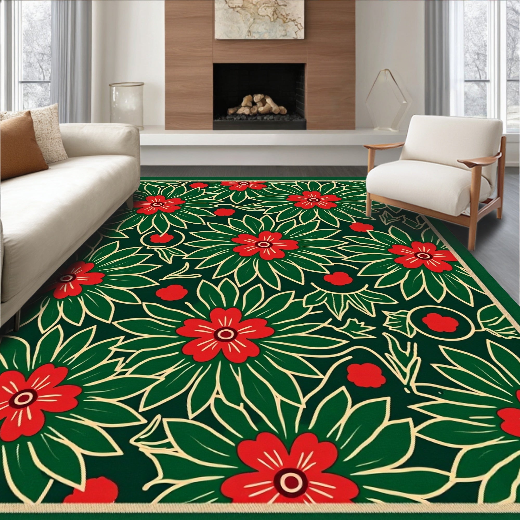 Festive Red Floral Green Leaf Background Rug