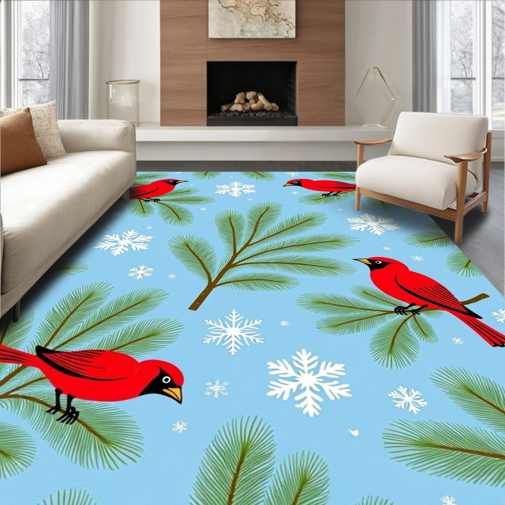 Whimsical Red Cardinal Snowflakes Winter Scene Rug