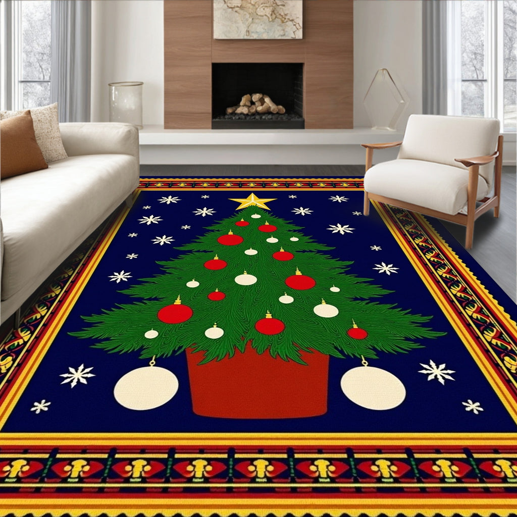 Festive Green Christmas Tree Snowflake Border Rug