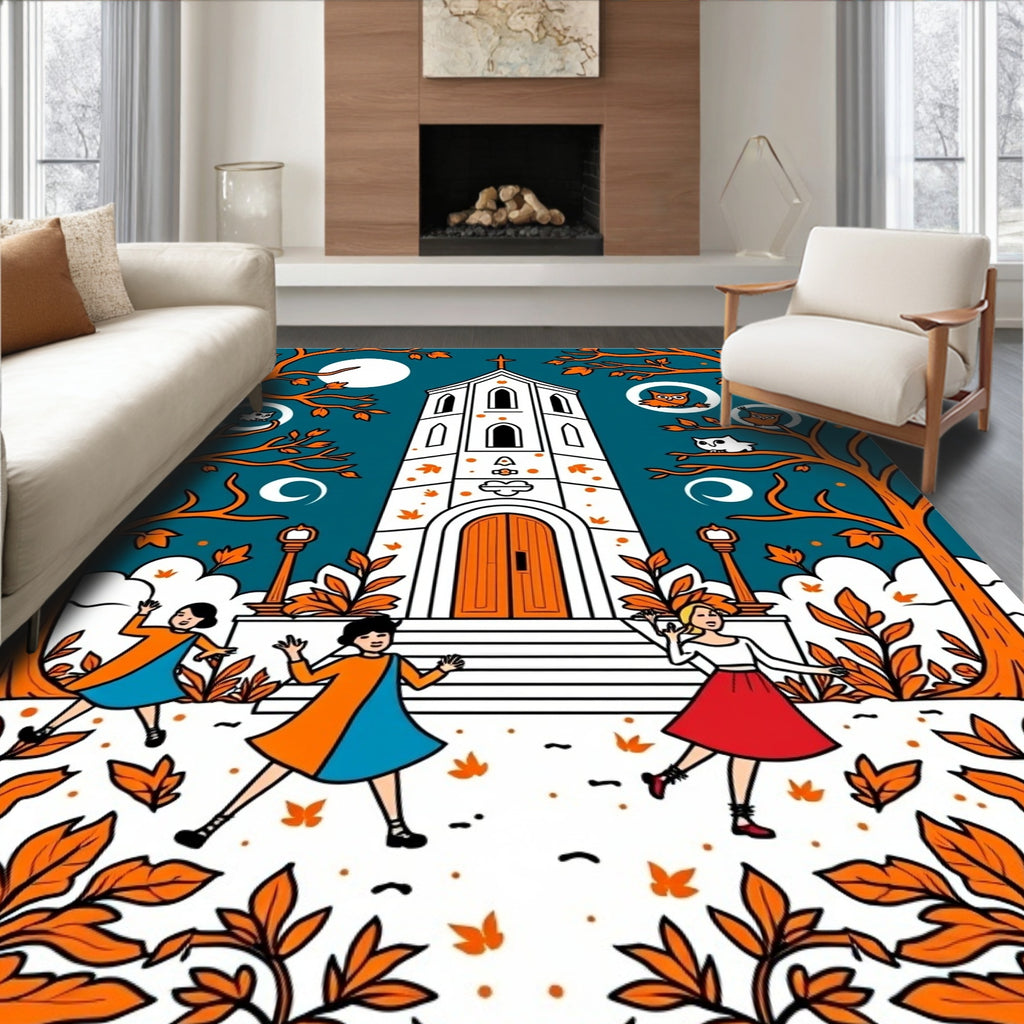 Autumn Church Owls And Dancing Children Rug