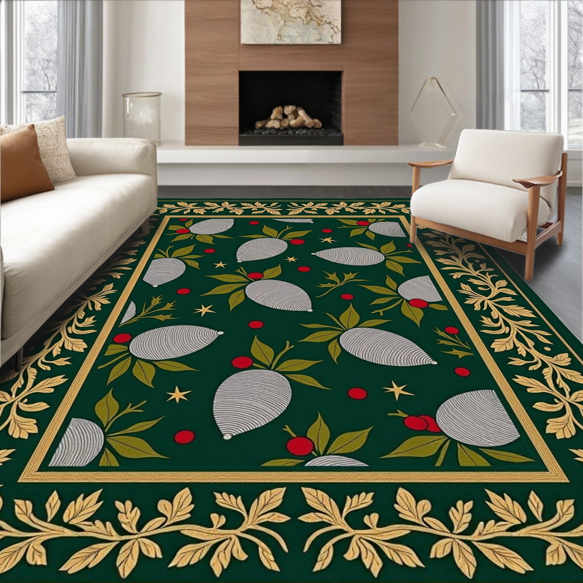 Green Pinecone Botanical Border Rug