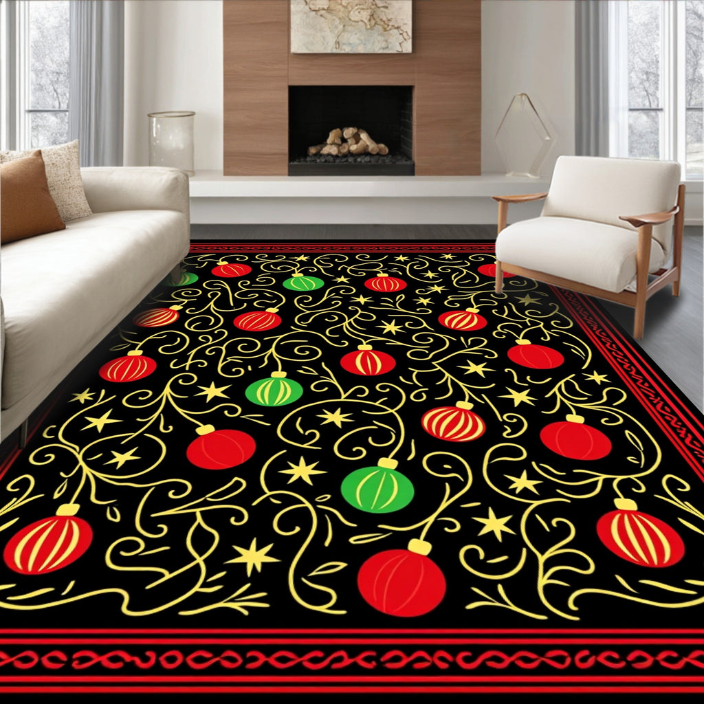 Red Green Ornament Swirl With Stars Rug