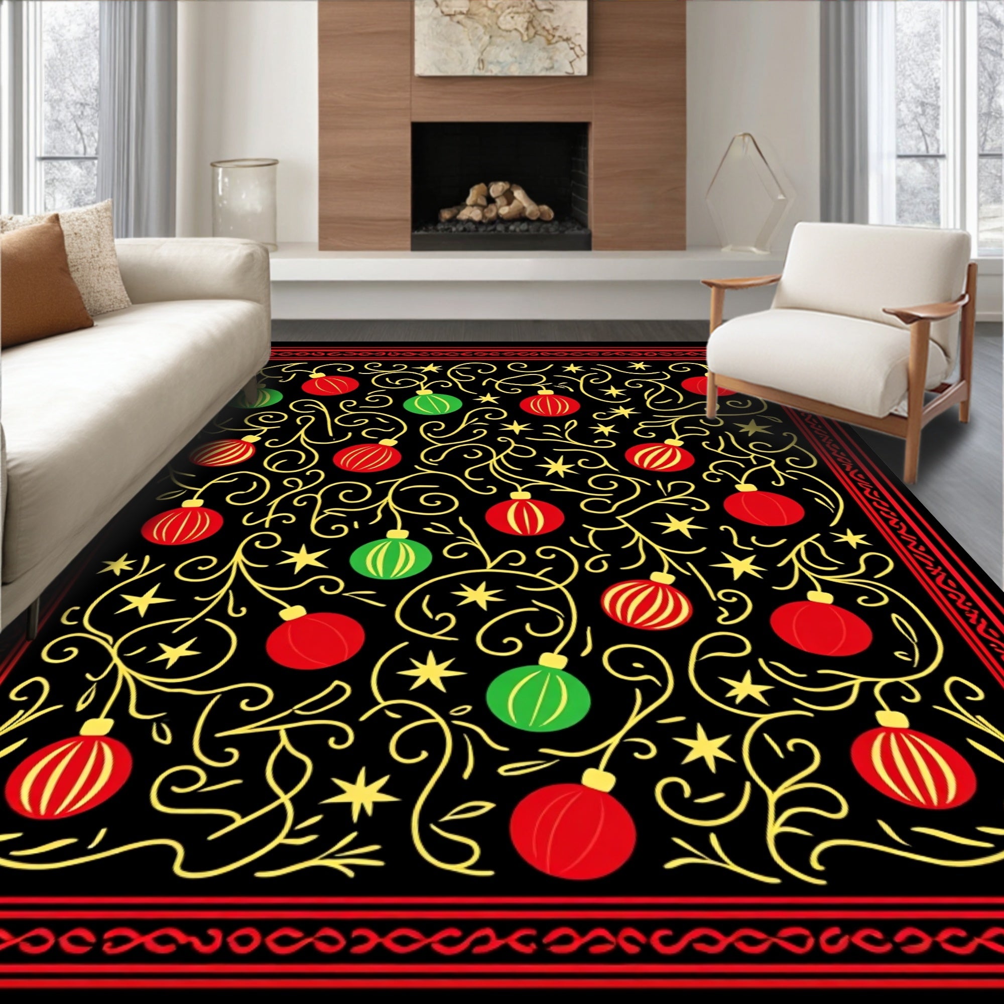 Red Green Ornament Swirl With Stars Rug