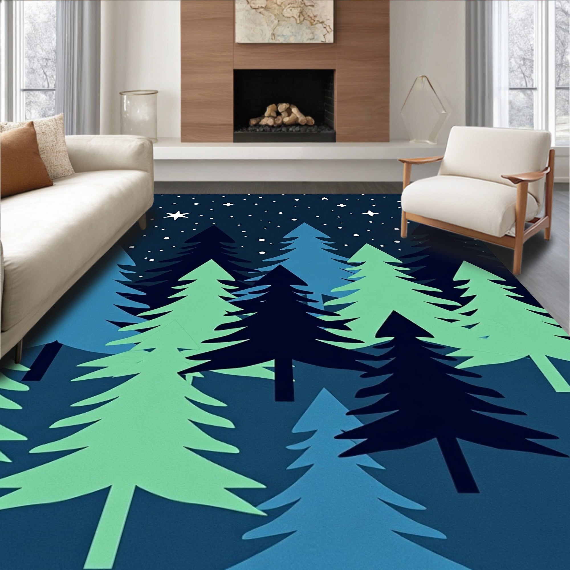 Night Forest Blue Green Trees Stars Rug