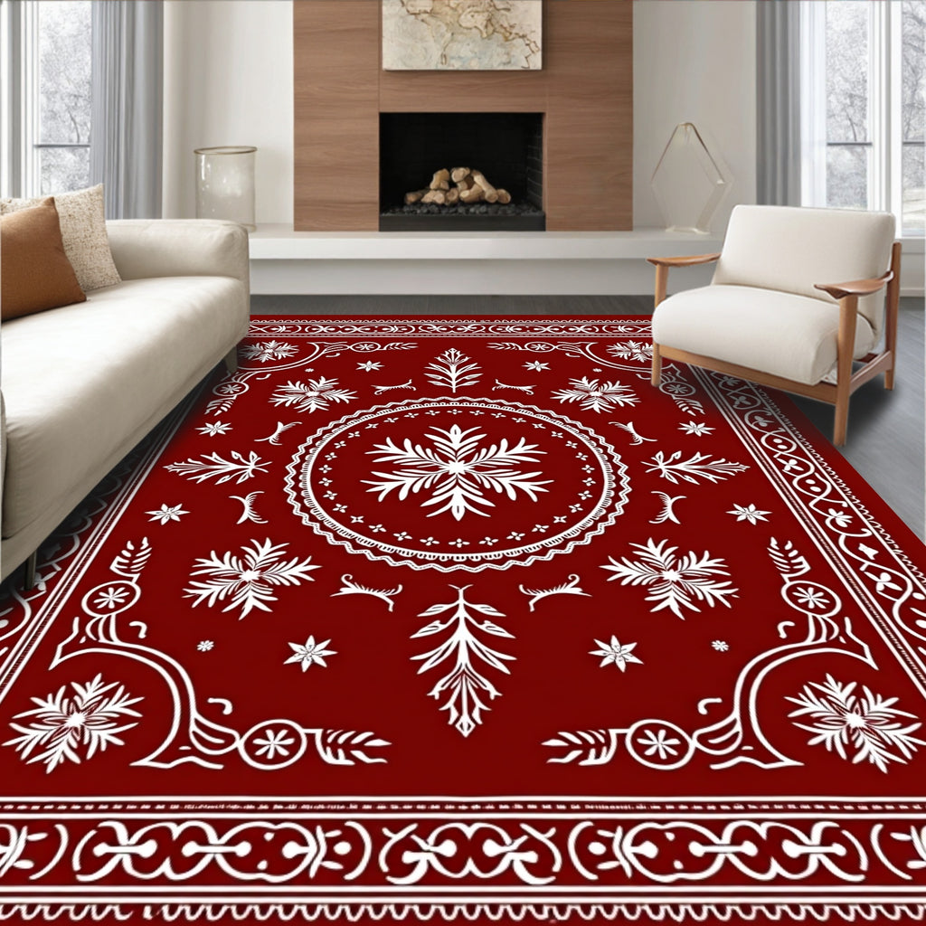 Crimson White Floral Laurel Border Rug