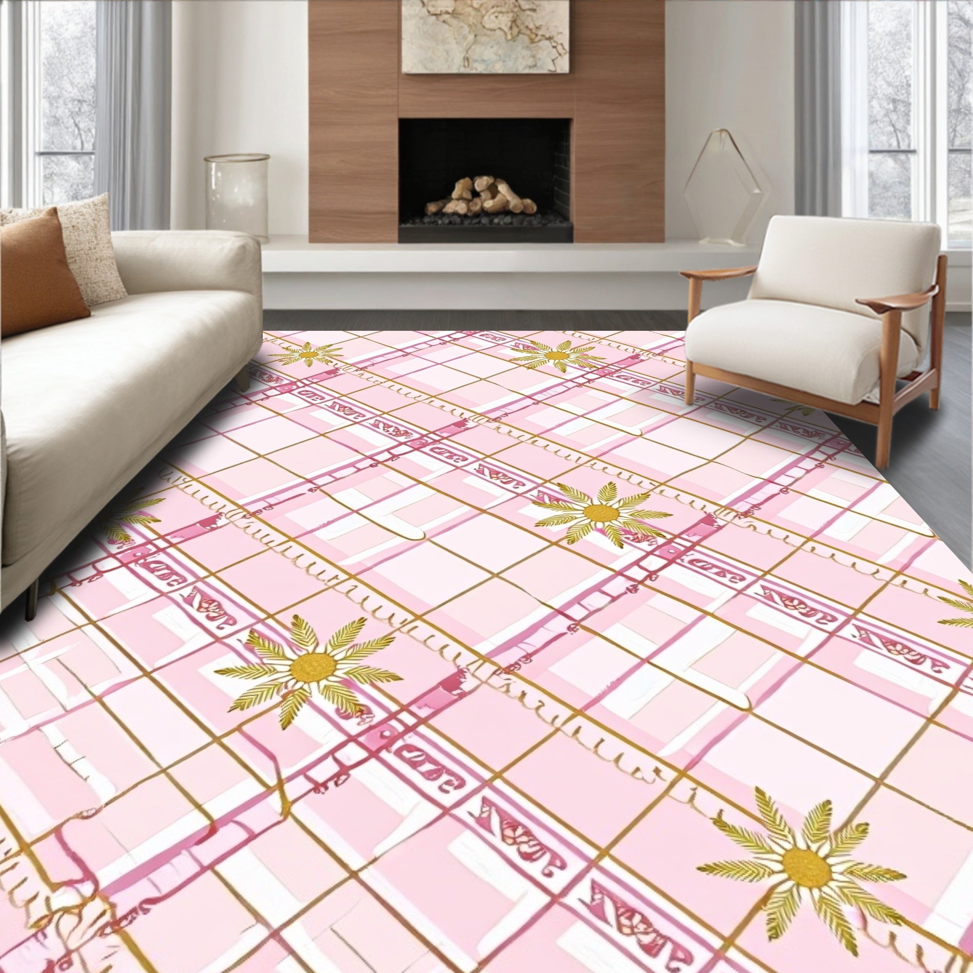 Pink Gold Floral Plaid Rug
