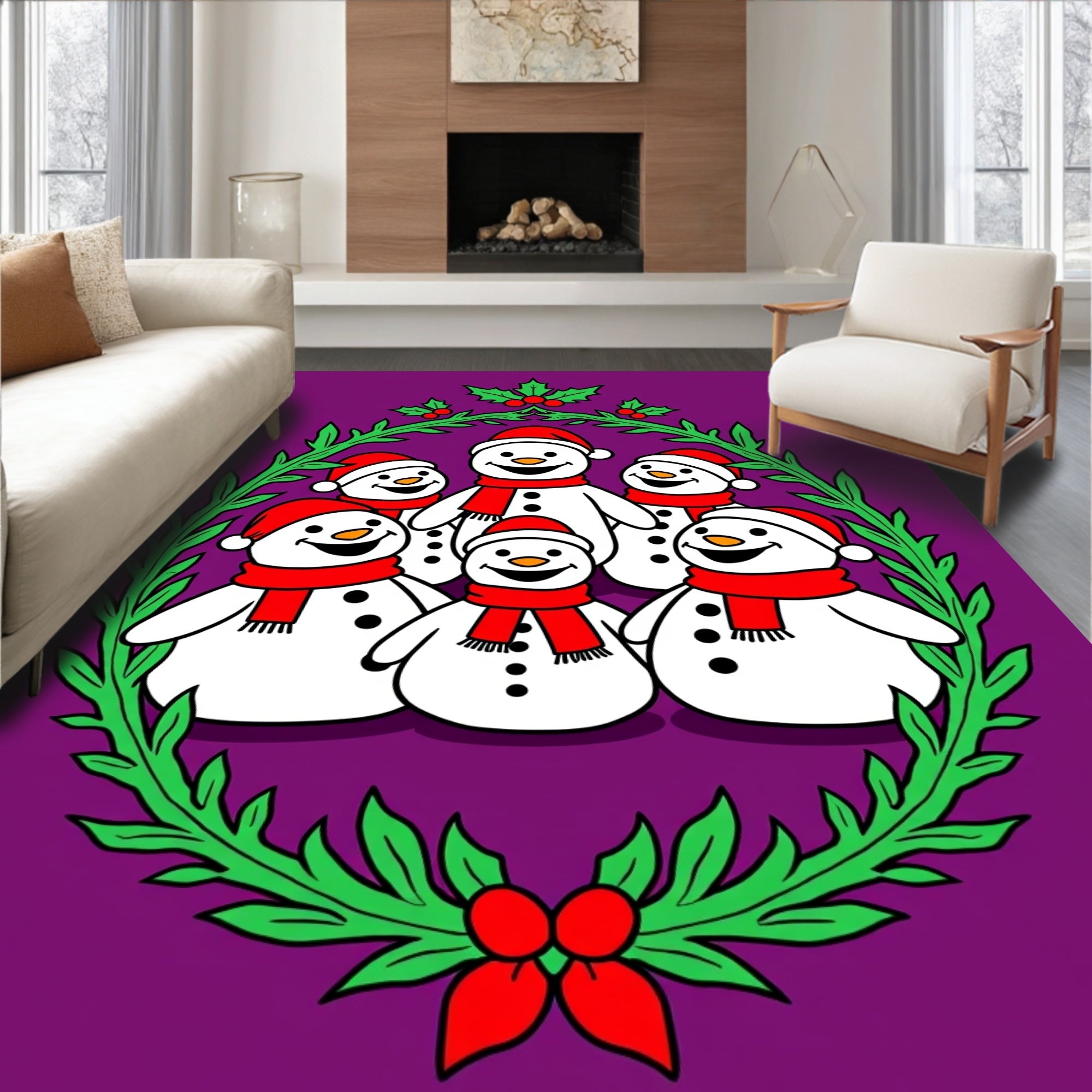 Festive Snowman Family Christmas Wreath Rug