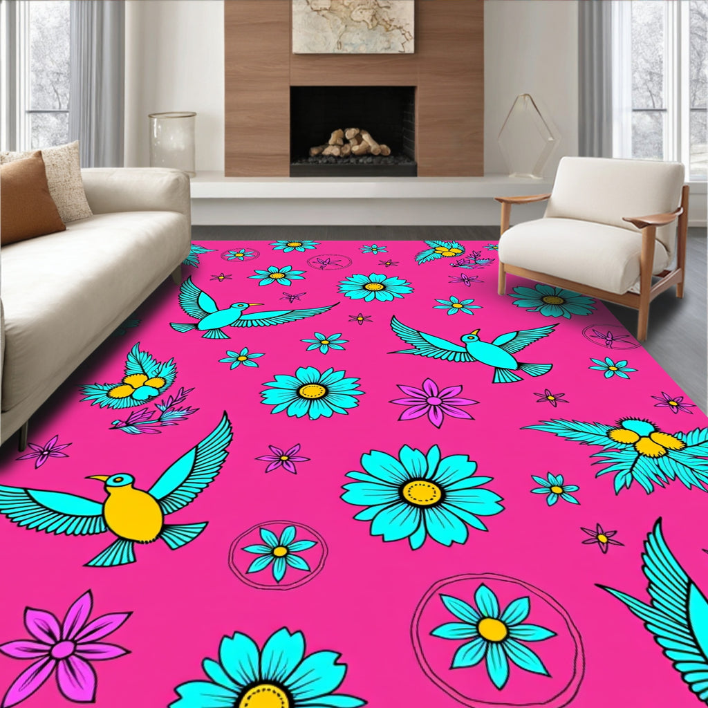 Bright Pink Teal Bird Floral Meadow Rug
