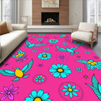 Bright Pink Teal Bird Floral Meadow Rug