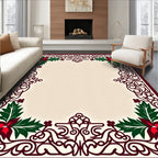 Crimson Poinsettia Scroll Border Rug