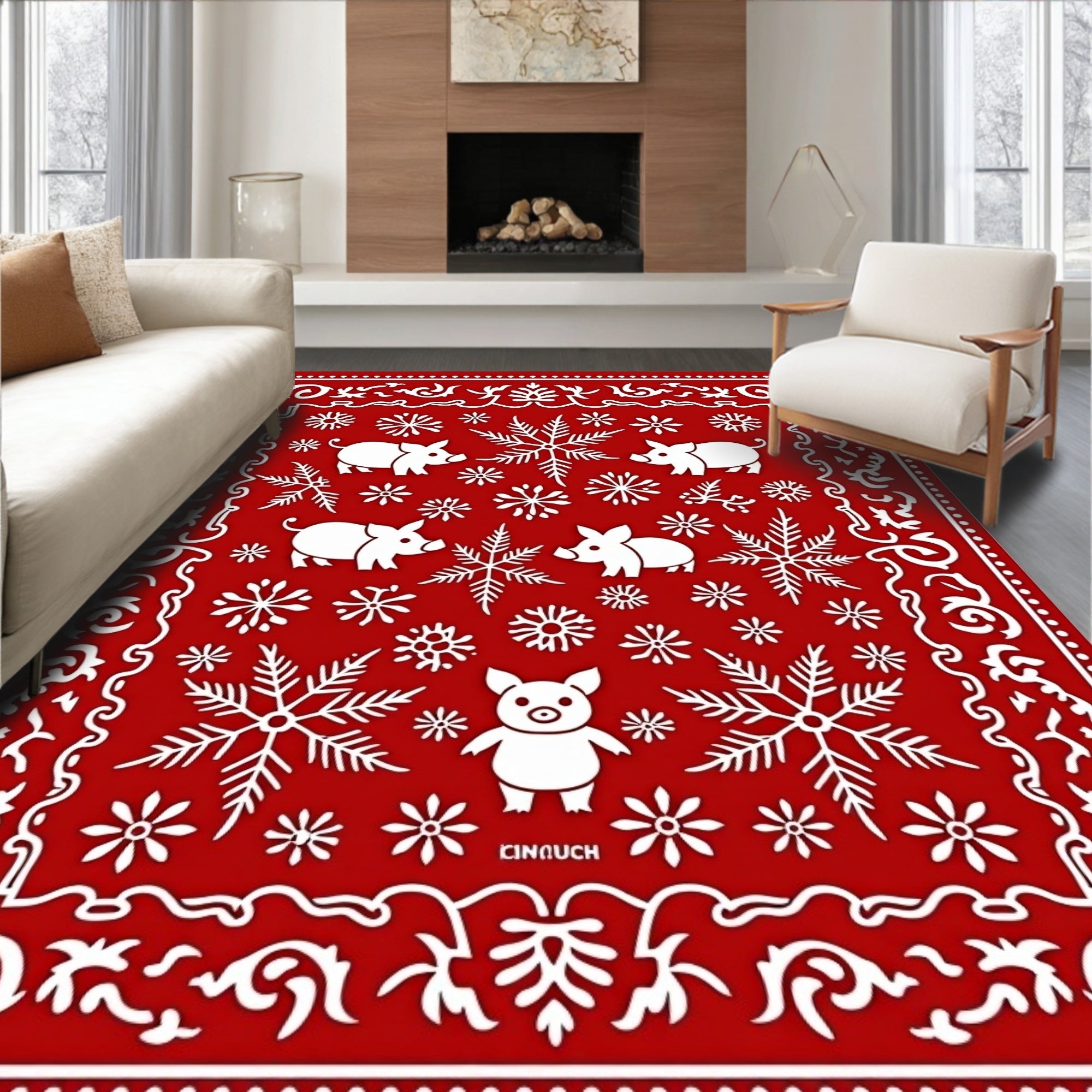 Red Festive Pigs Snowflakes Border Rug