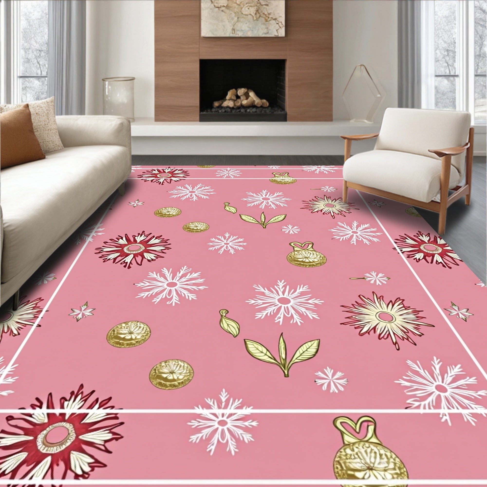 Pink Floral and Snowflake Medallion Rug