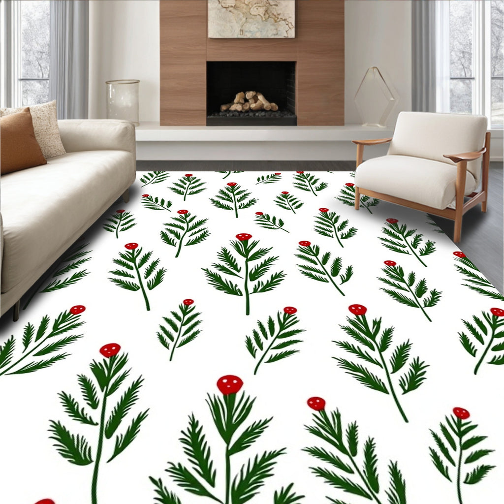 Green Pine Branches With Red Berries Rug