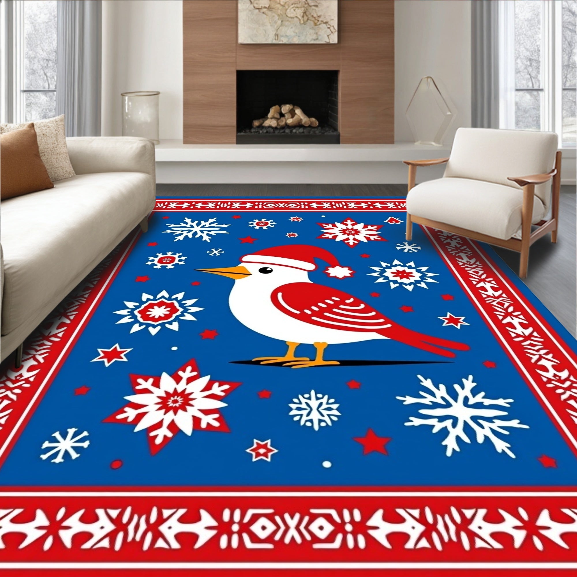 Festive Red Snowflakes And Bird Rug