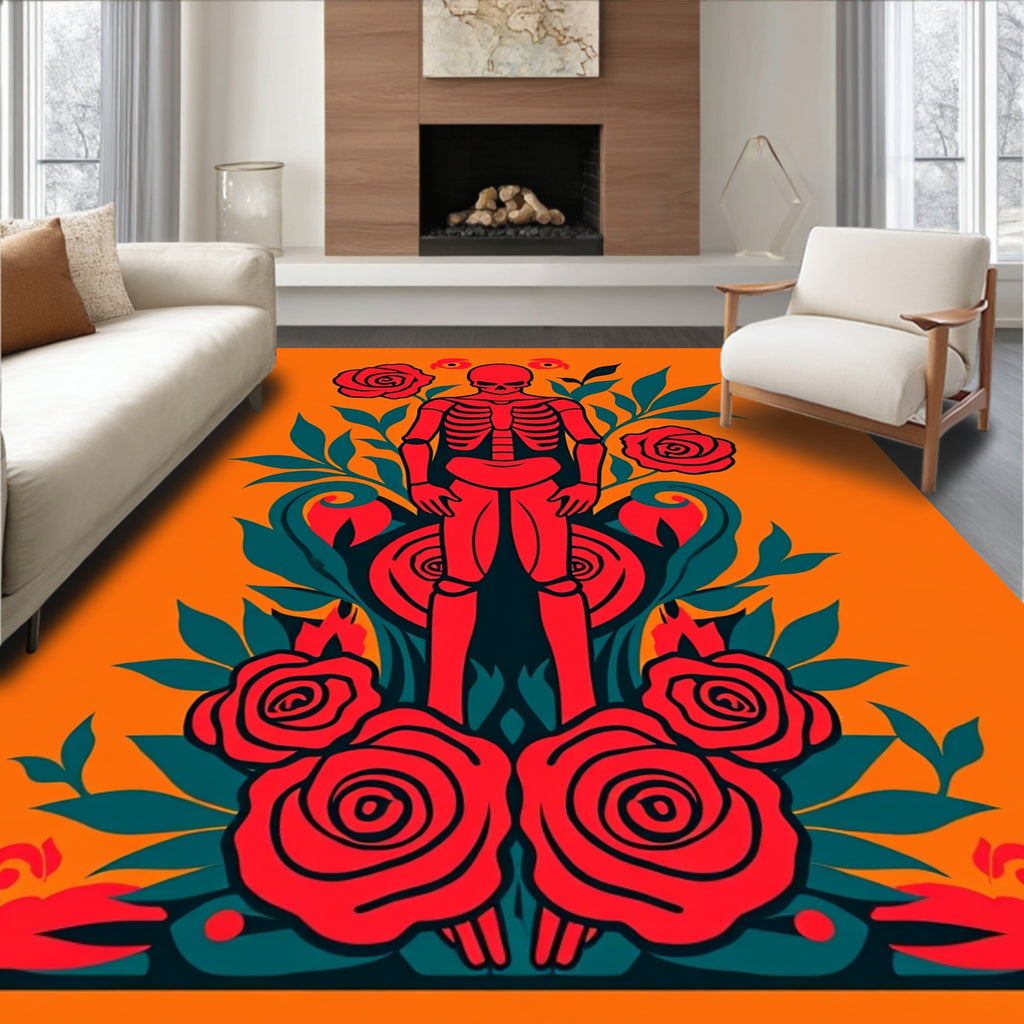 Crimson Skeleton Surrounded By Roses Rug