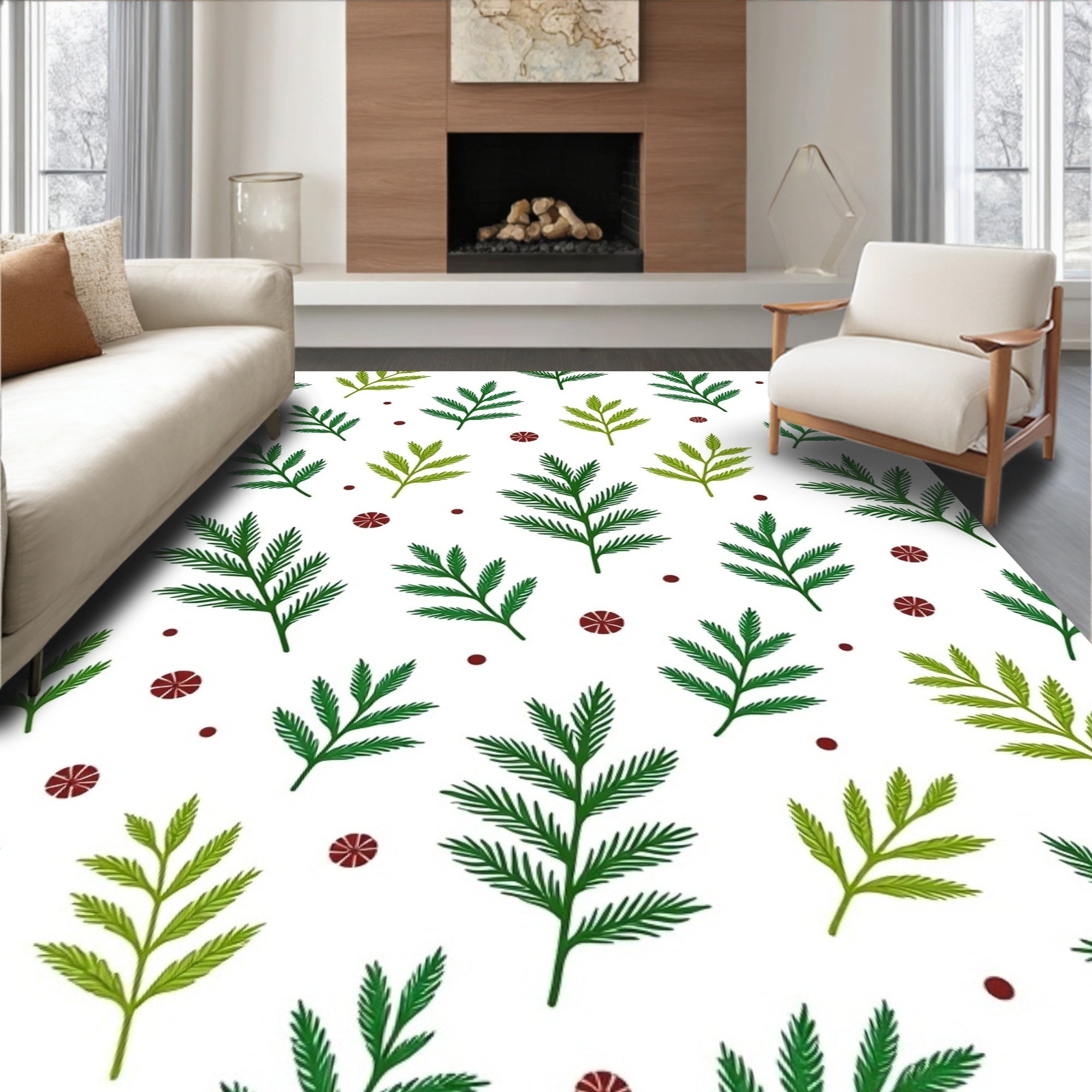 Conifer Sprigs Scattered Berry Accents Rug