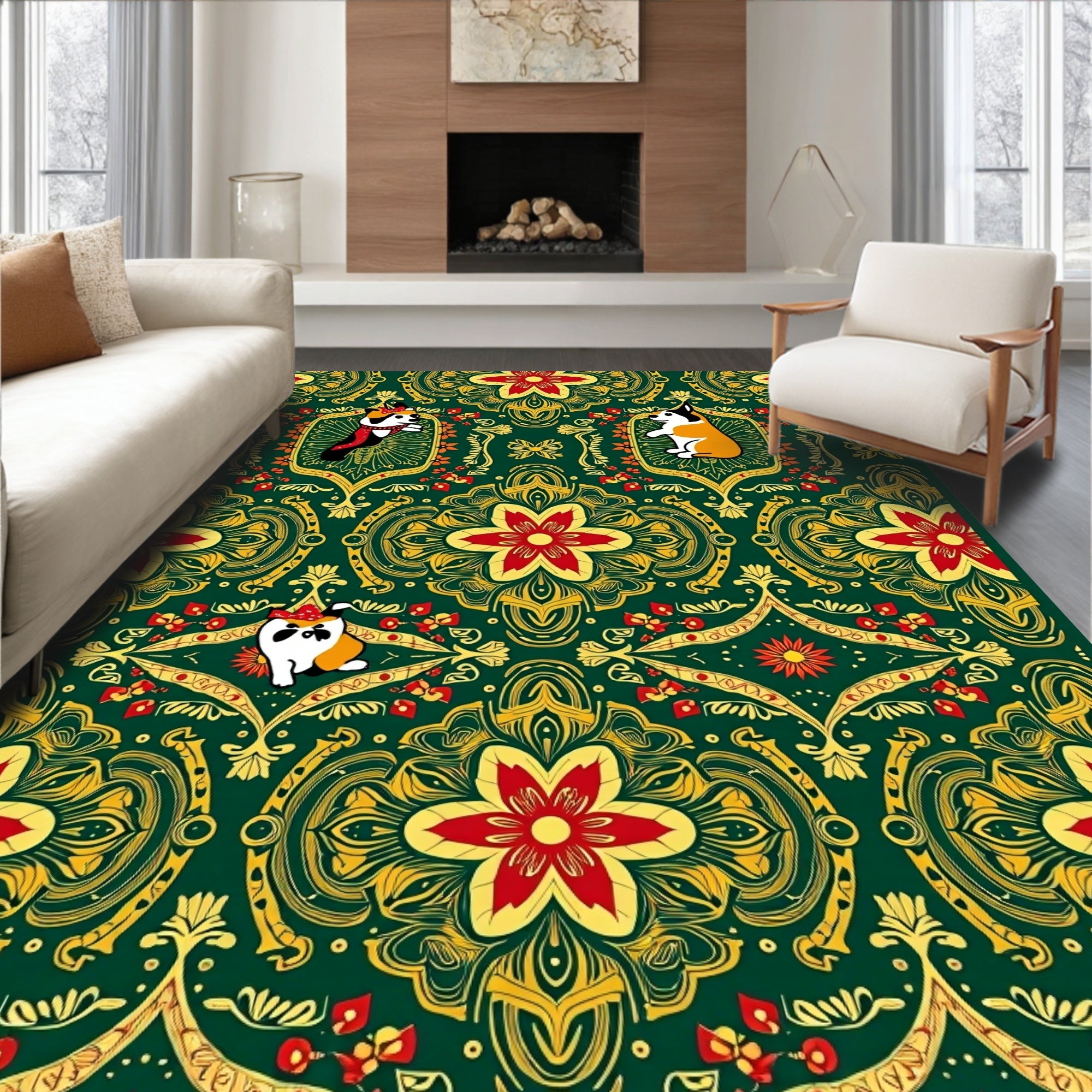 Emerald Green Floral Corgi Medallion Rug