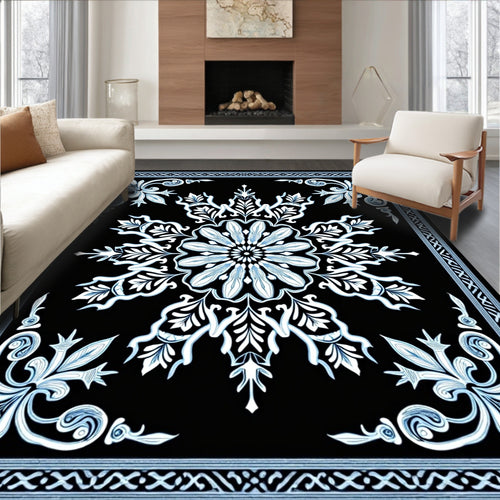 Black Blue Medallion Floral Filigree Rug