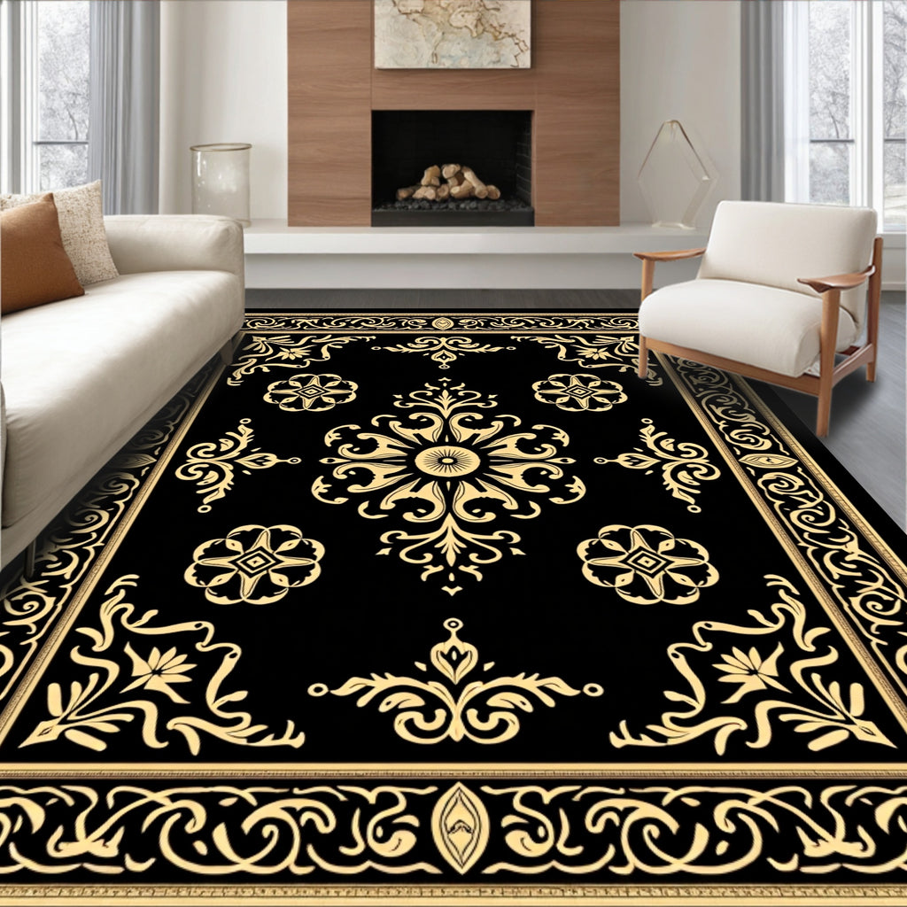 Golden Floral Medallion Black Border Rug