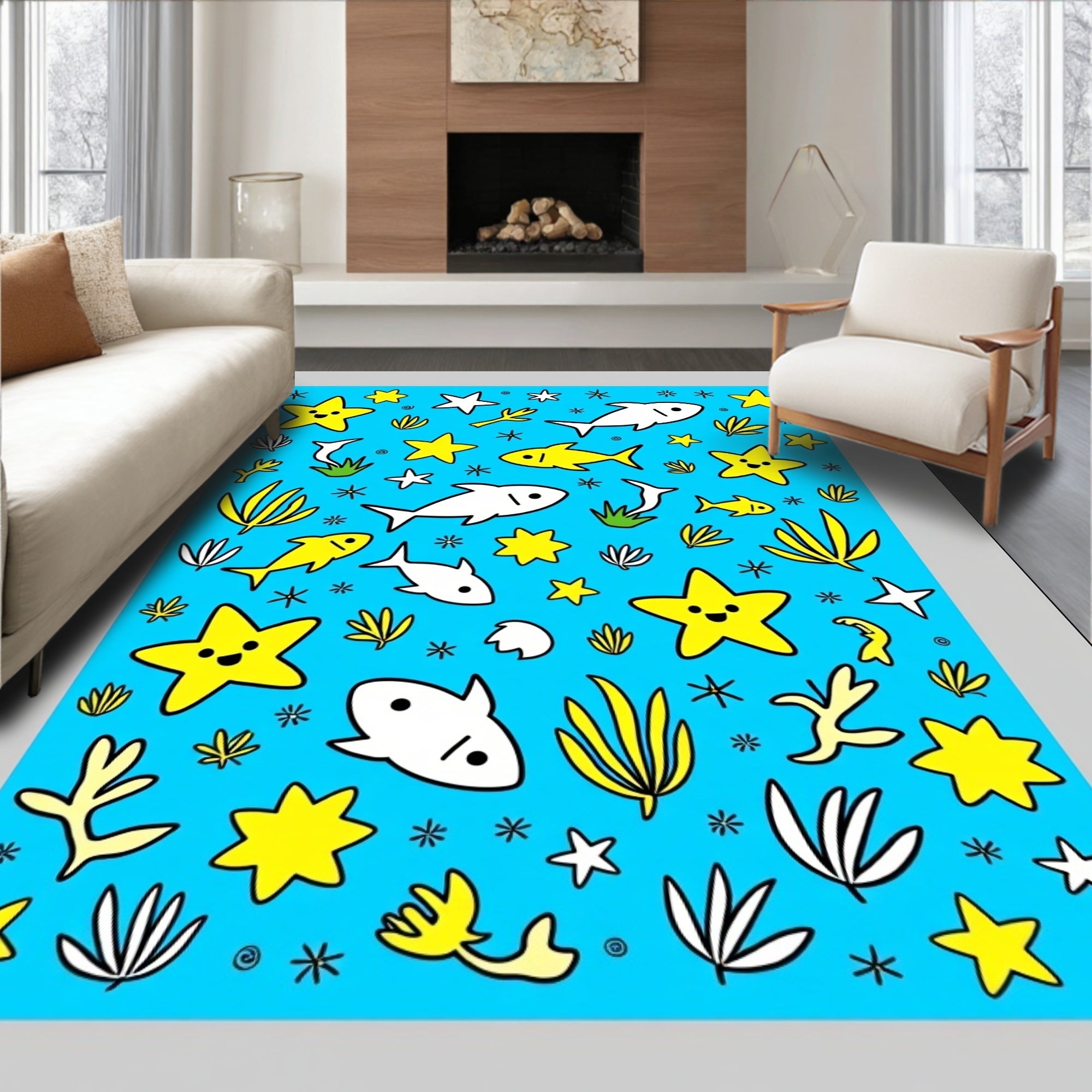 Whimsical Yellow Star Fish Undersea Rug
