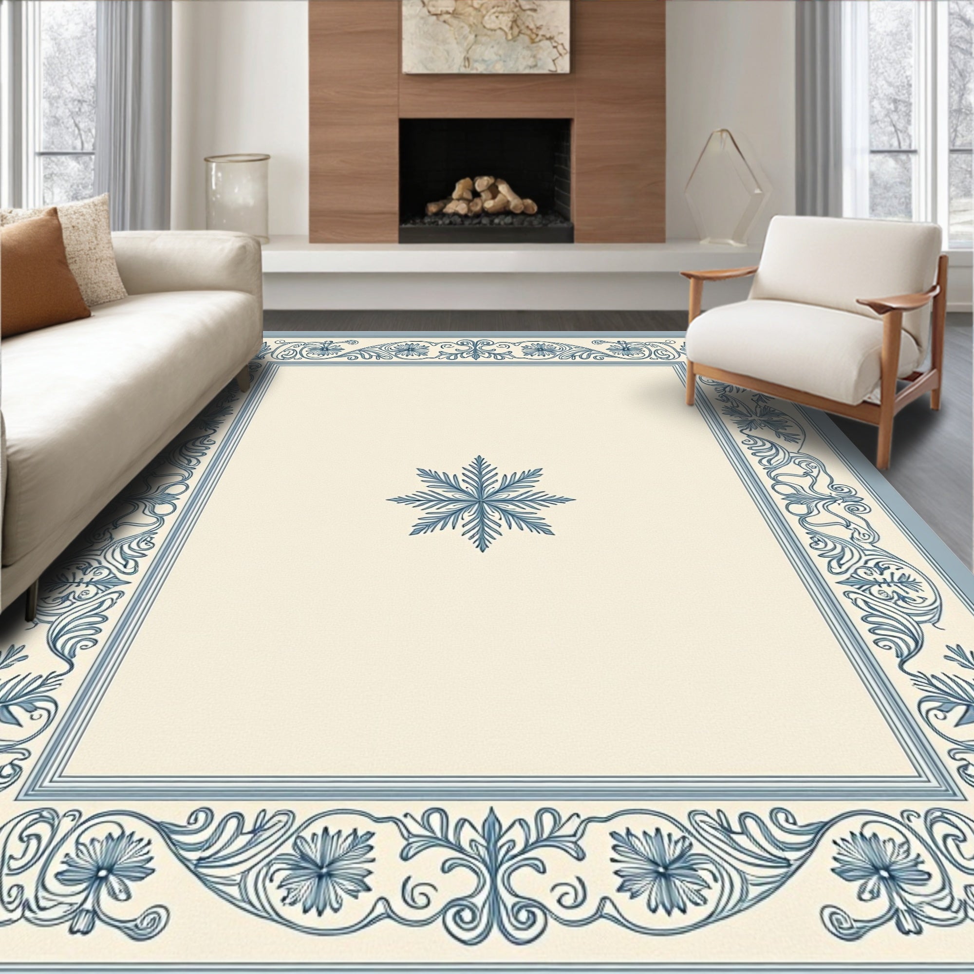 Vintage Blue Floral Leaf Border Rug