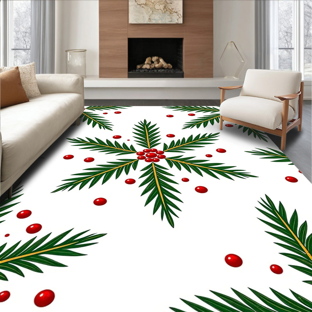 Christmas Green Pine Sprig Red Berry Rug