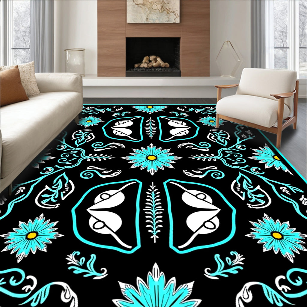 Vibrant Teal Floral Symmetry Rug