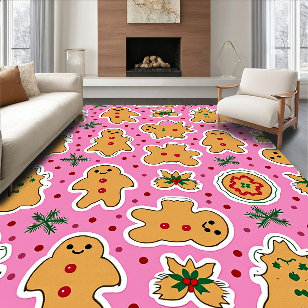 Charming Gingerbread Holiday Icons Pink Rug