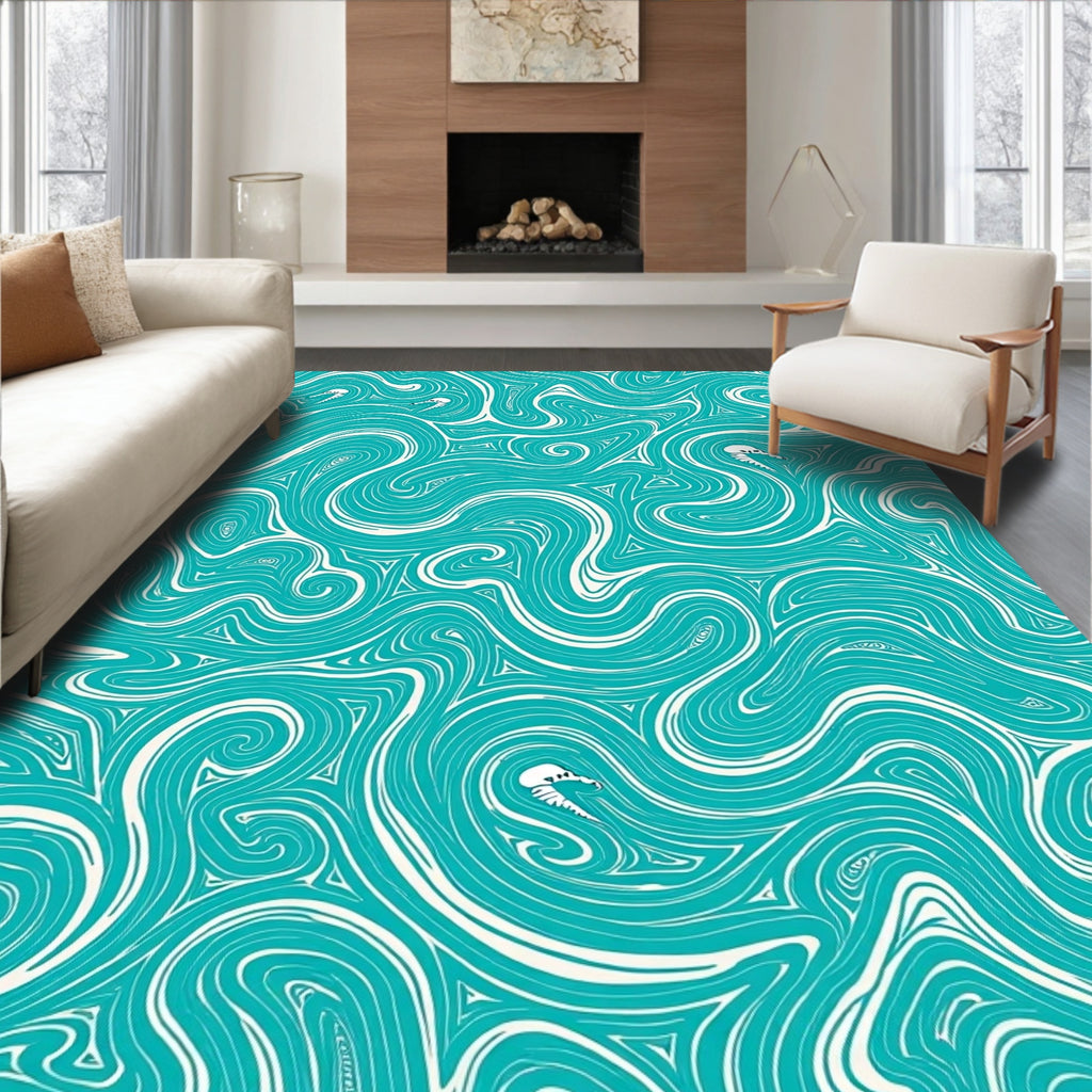 Teal Whimsical Swirl Aquatic Creatures Rug