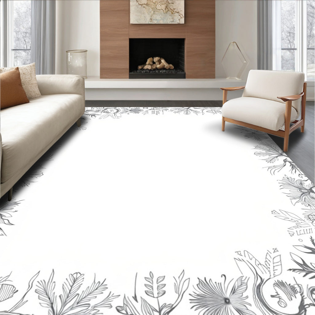 Monochromatic Sketch Botanical Border Rug